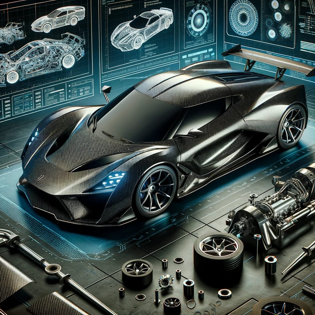 Futuristic concept car with carbon fiber body and blueprints.