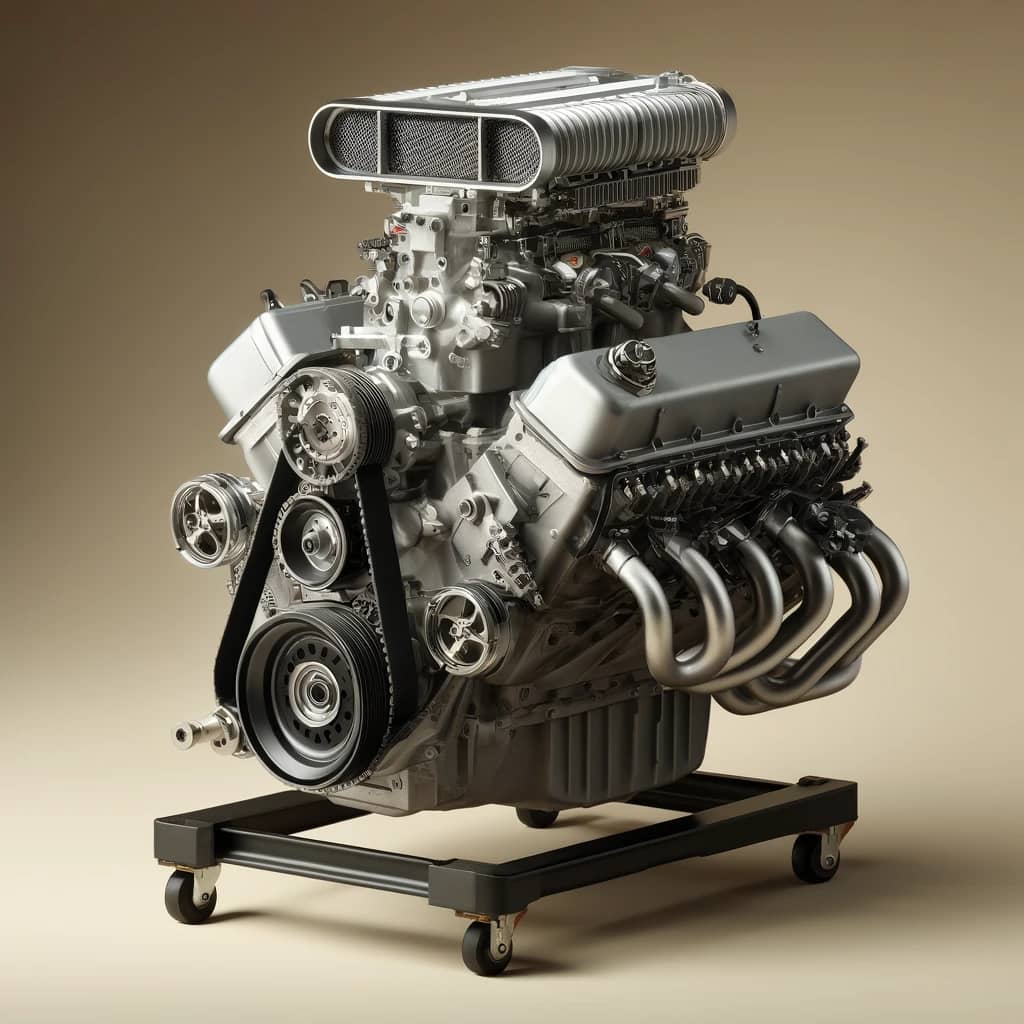 a V8 engine with a roots type supercharger and belt drive, assembled with all necessary components and displayed on an engine stand