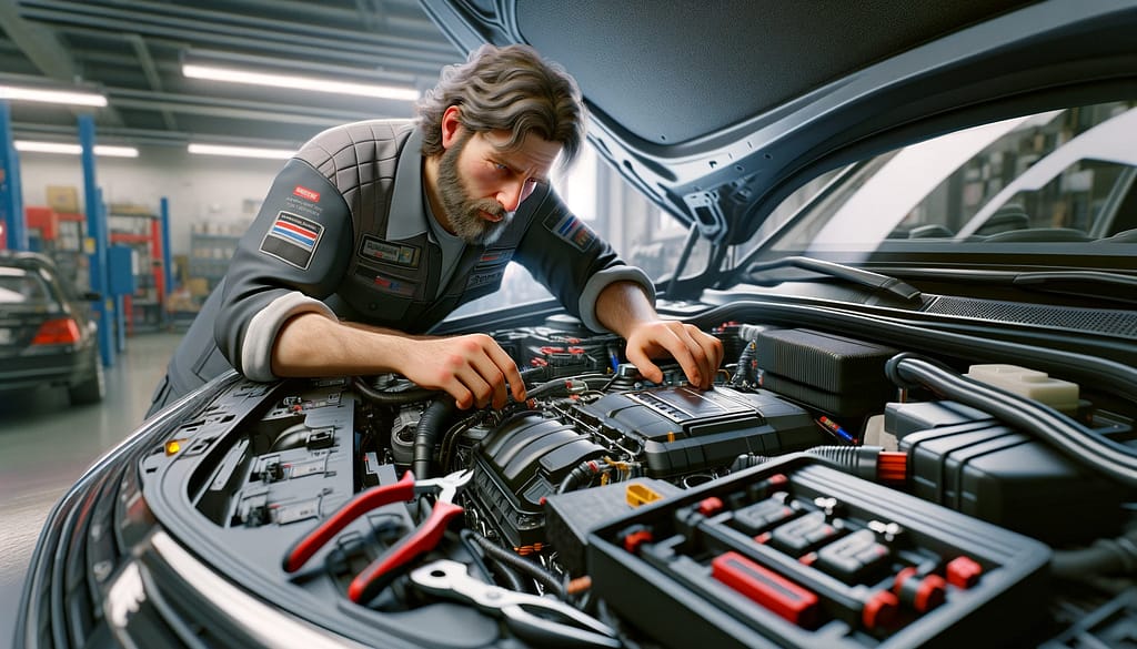 a hyper-realistic image of a mechanic working under the hood of a car, adjusting a body control module
