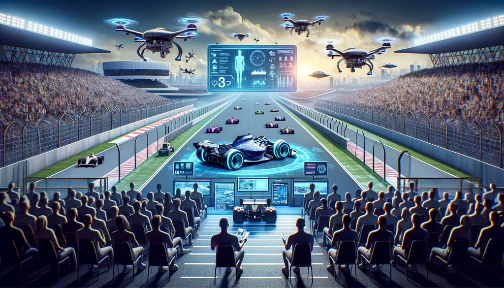 Futuristic race cars with drones and virtual displays.