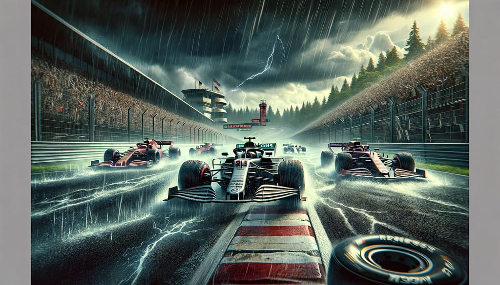 Formula racing cars on wet track during storm.