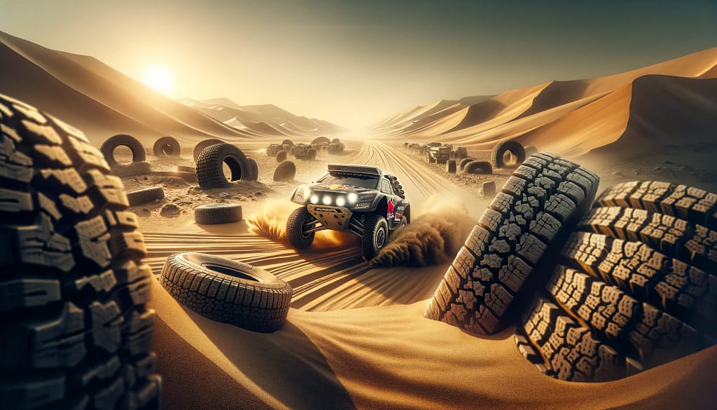 Off-road vehicle racing through desert dunes.