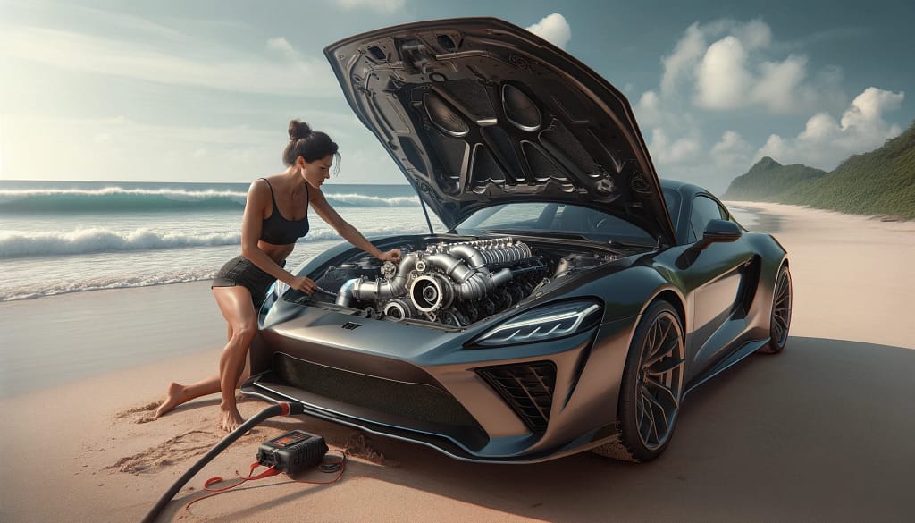 girl on beach looking at her turbo charger
