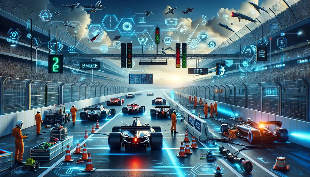Futuristic race cars on illuminated high-tech track.