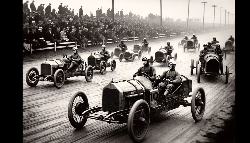 The Early Days - Vintage race cars on track with drivers and spectators.