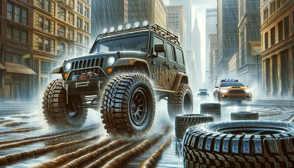Jeep driving through wet urban street with scattered tires.