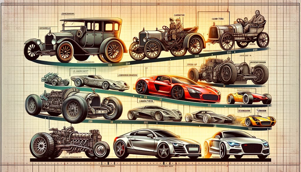 Vintage to modern cars evolution illustration.