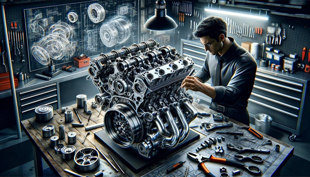 Man assembling car engine in high-tech workshop.
