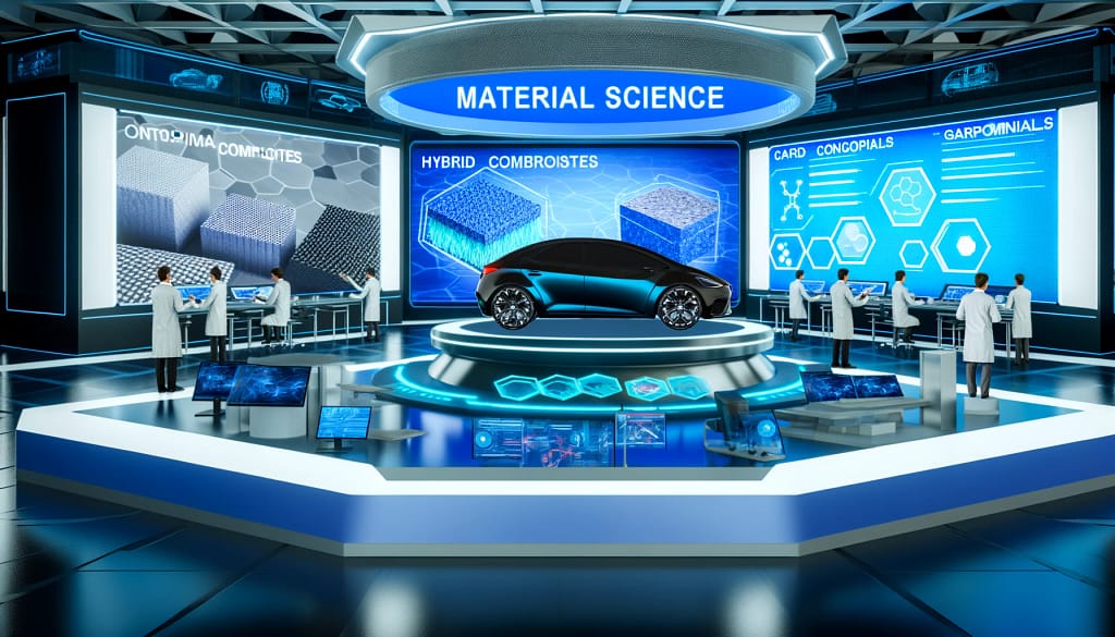 Futuristic material science lab with electric car display.