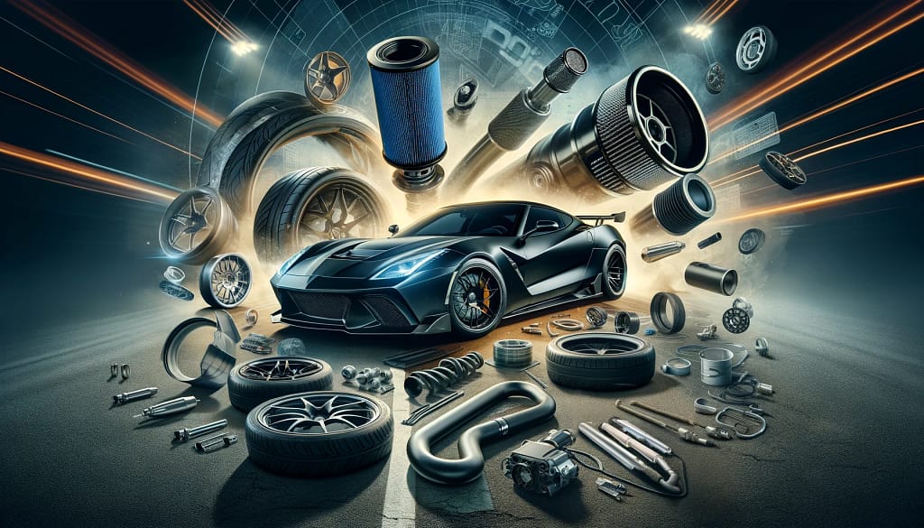 Sports car and exploded auto parts illustration.