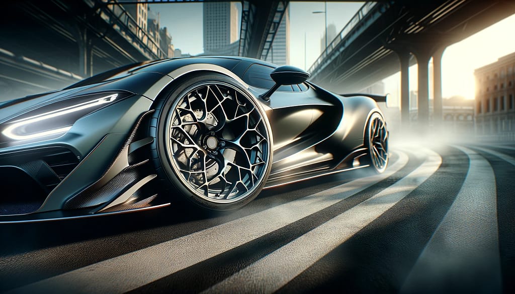 Black sports car speeding on urban road. lightweight wheels, the pursuit of agility