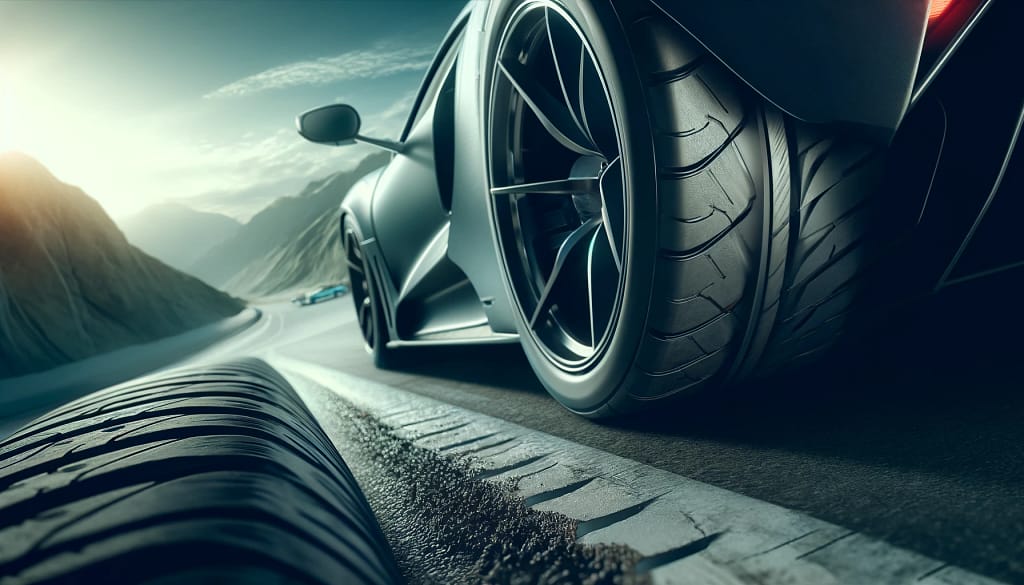 Sports car on mountain road at dusk. performance tires, the foundation of driving confidence