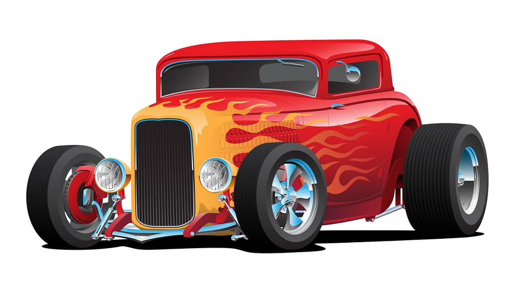 hot rod - classic red custom street rod car with hotrod flames and chrome rims isolated 