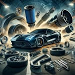 Sports car and exploded auto parts illustration.