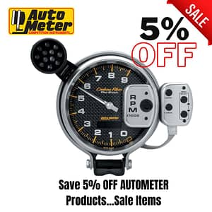 AutoMeter tachometer on sale, 5% off advertising image.