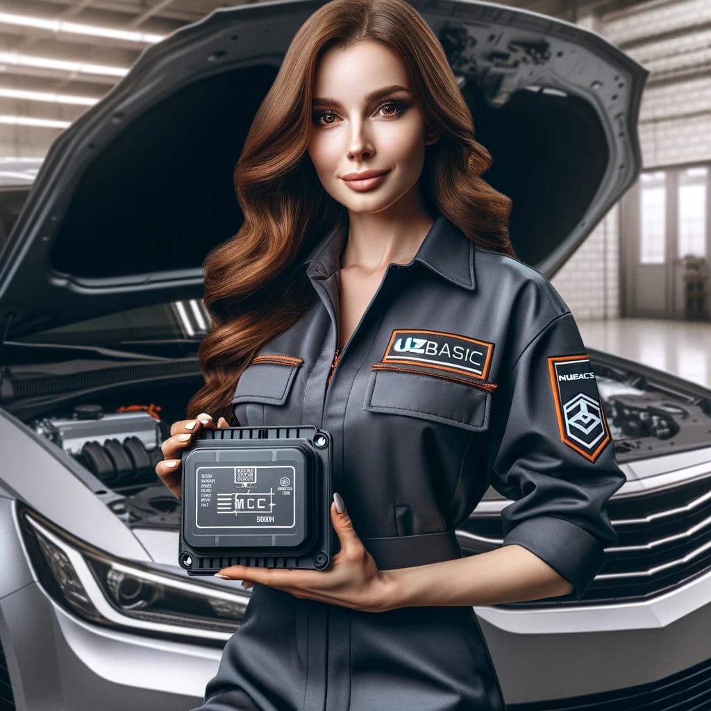 woman dressed as an automotive technician presenting a Body Control Module