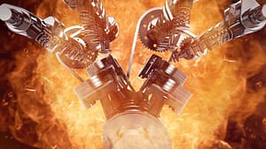 working v8 engine with explosions and flames. pistons, camshaft,